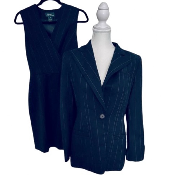 Striped Ralph Lauren Wool Navy Pin Women's Blazer Polo Logo Buttons Sz 6 Vintage - Picture 5 of 13